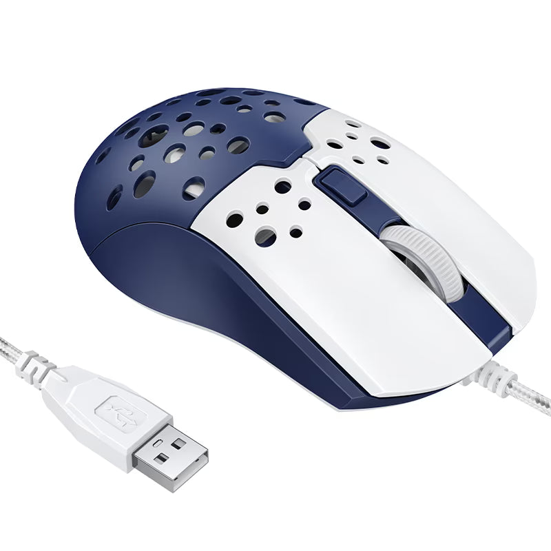 Mouse HOCO GM51 Sky blanco y azul con su cable trenzado y conector USB-A