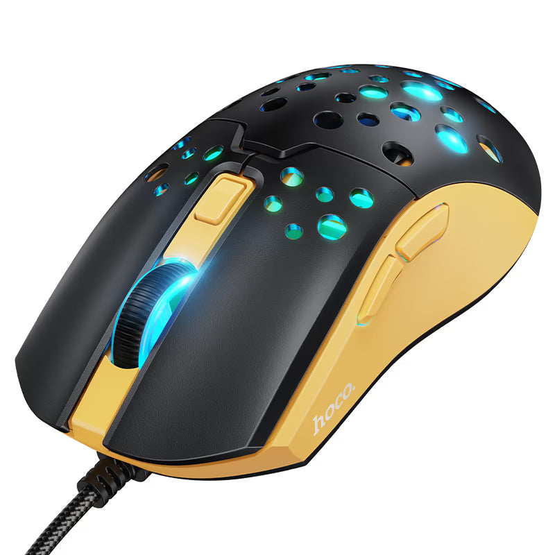 Mouse gamer HOCO GM51 Sky negro y amarillo con iluminación RGB encendida