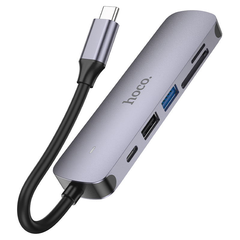 Puertos del hub HOCO HB28: HDMI, PD, USB y lector de tarjetas