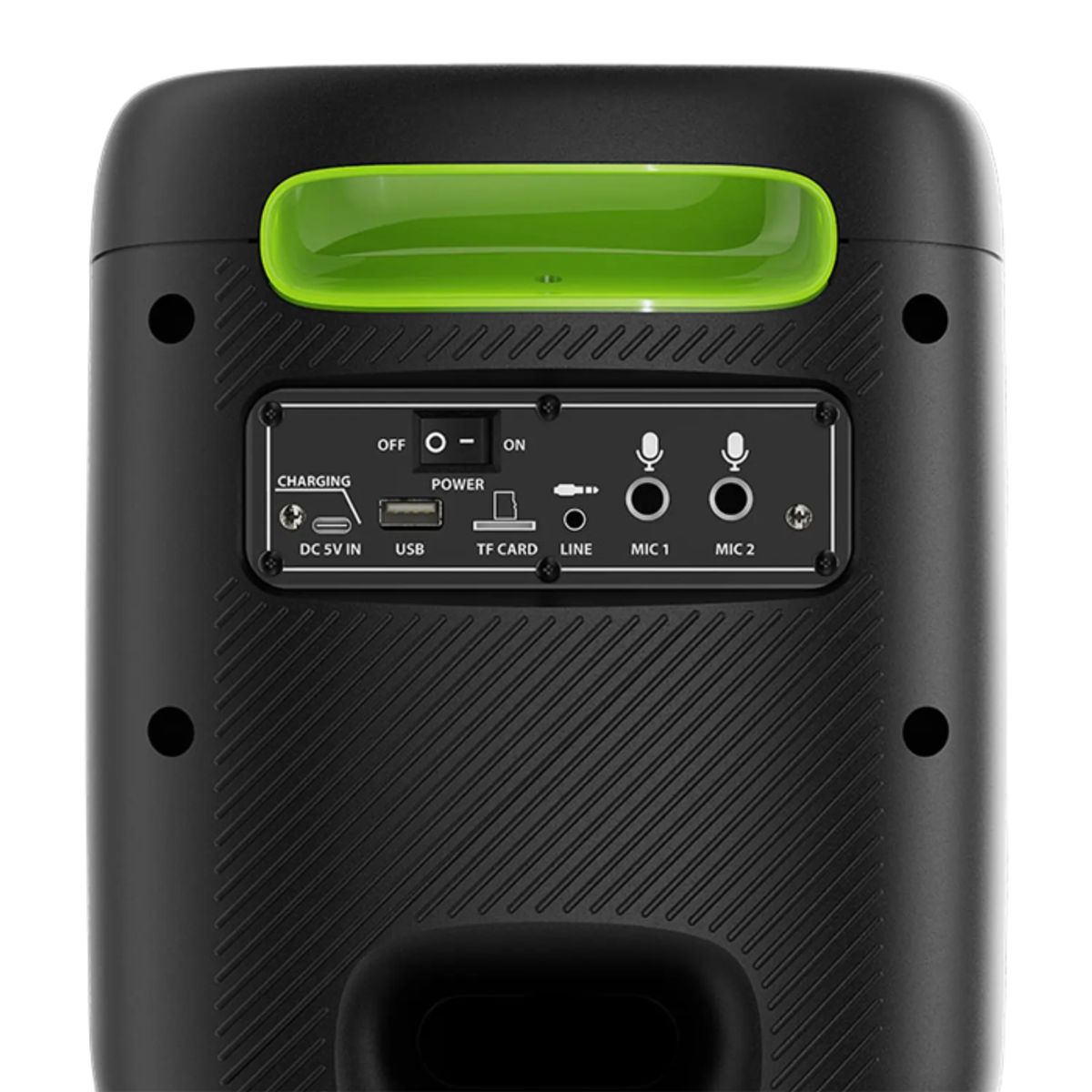 Panel trasero del Klip Xtreme BoomBlaster con entradas USB, TF Card, LINE y dos micrófonos