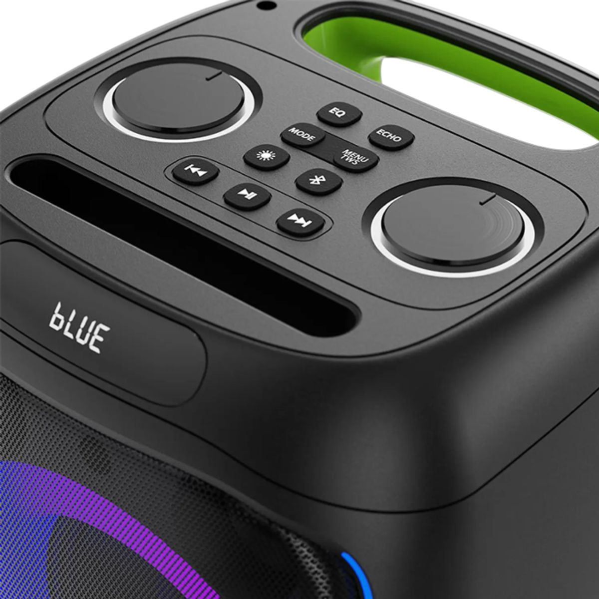 Panel de control superior del Klip Xtreme BoomBlaster con perillas de volumen y eco